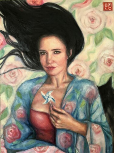 Painting titled "portrait with a win…" by Natali Part, Original Artwork, Oil