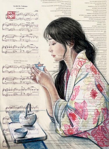 Malerei mit dem Titel "Two cups of tea" von Natali Part, Original-Kunstwerk, Aquarell