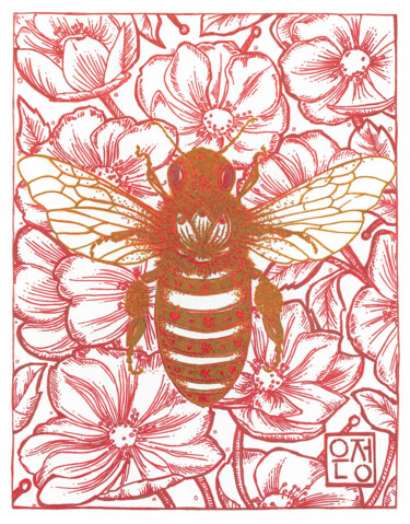 Drawing titled "Bee in flowers" by Natali Part, Original Artwork, Ink