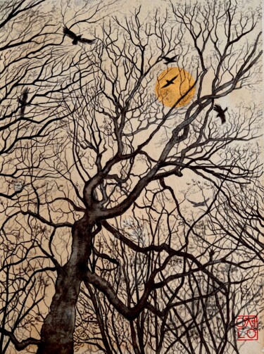 Schilderij getiteld "Moon forest" door Natali Part, Origineel Kunstwerk, Aquarel