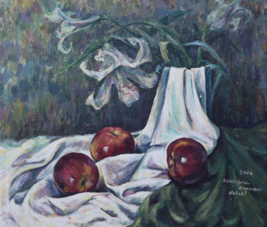Painting titled "Apples with lilies" by Natali Shtainfeld-Borovkov, Original Artwork, Oil