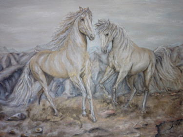 Картина под названием "Танец двух лошадей" - Natalya Kupreychenko, Подлинное произведение искусства, Масло Установлен на Мет…
