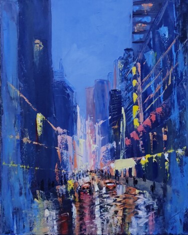 Painting titled "NEW YORK CITY LIGHTS" by Natalia Ayupov, Original Artwork, Oil Mounted on Wood Stretcher frame