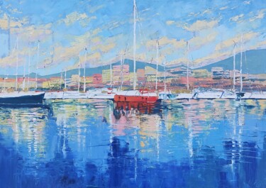 Painting titled "HARBOR OF DREAMS la…" by Natalia Ayupov, Original Artwork, Oil Mounted on Wood Stretcher frame