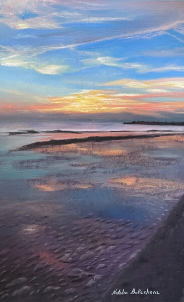 Painting titled "Low tide at sunset" by Natalia Balashova. Pastelist., Original Artwork, Pastel Mounted on Wood Stretcher fr…