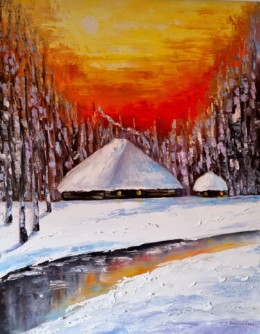 Painting titled "Oil painting winter…" by Natalia Bazyliuk, Original Artwork, Oil Mounted on Wood Stretcher frame