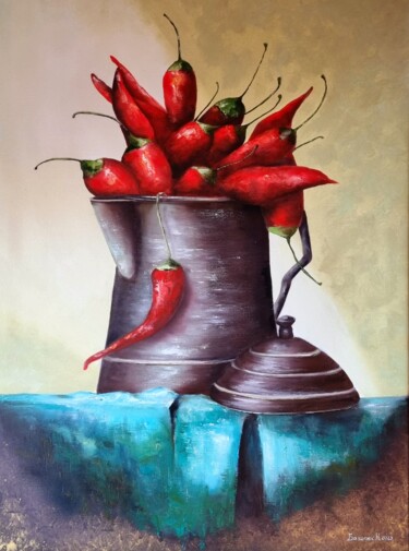 Painting titled "Red Hot Chilly Pepp…" by Natalia Bazyliuk, Original Artwork, Oil Mounted on Wood Stretcher frame