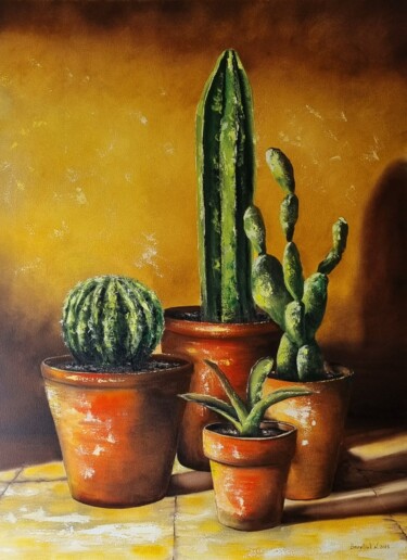 Painting titled "Oil painting "Cactu…" by Natalia Bazyliuk, Original Artwork, Oil Mounted on Wood Stretcher frame