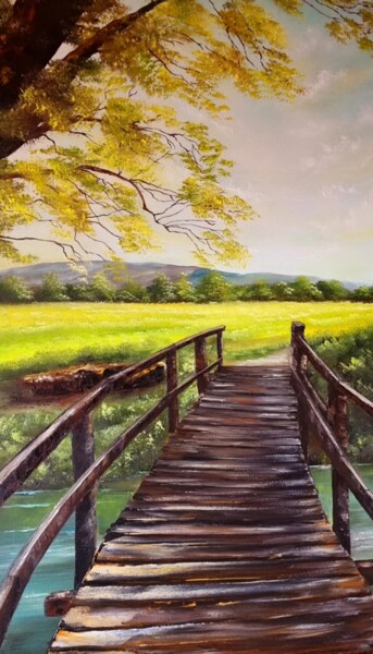 Картина под названием "Old bridge Landscap…" - Natalia Bazyliuk, Подлинное произведение искусства, Масло Установлен на Дерев…