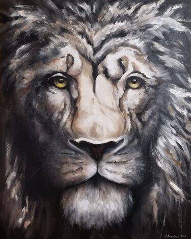 Painting titled "Oilpainting Lion on…" by Natalia Bazyliuk, Original Artwork, Oil Mounted on Wood Stretcher frame
