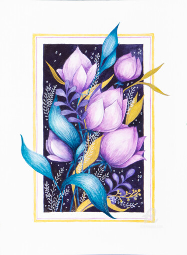 Desenho intitulada "Purple Magnolia" por Natalia Berezina (natimade), Obras de arte originais, Aquarela