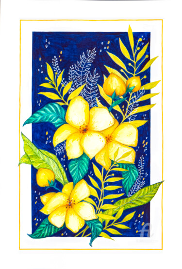 Dessin intitulée "Yellow flowers" par Natalia Berezina (natimade), Œuvre d'art originale, Aquarelle