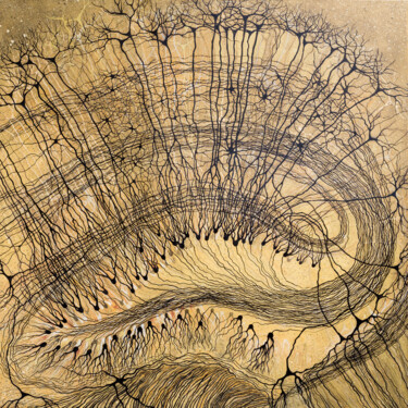 Painting titled "Golden Hippocampus…" by Natalia Bienek, Original Artwork, Acrylic Mounted on Wood Stretcher frame