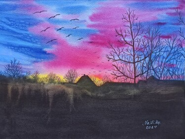 Malerei mit dem Titel "Сold sunset" von Natalia Buhaienko, Original-Kunstwerk, Aquarell