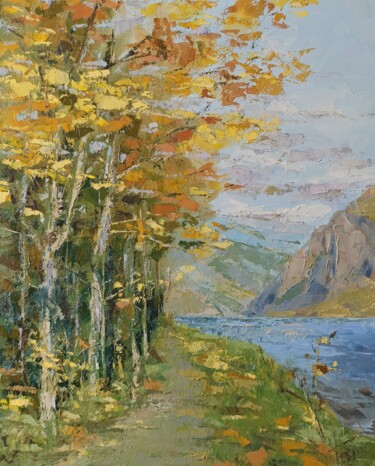 Painting titled "Golden autumn" by Natalia Bykova, Original Artwork, Oil Mounted on Wood Stretcher frame