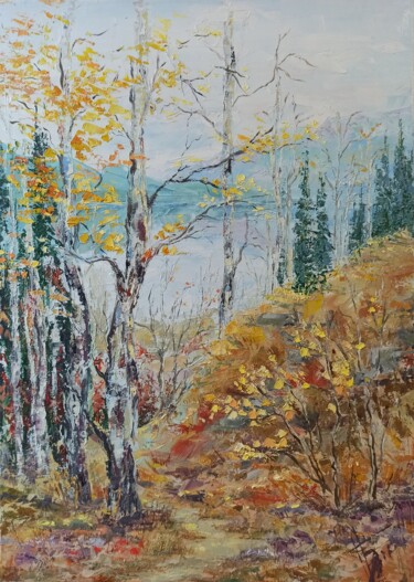 Painting titled "Autumn landscape" by Natalia Bykova, Original Artwork, Oil Mounted on Wood Stretcher frame