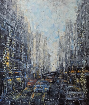 Malarstwo zatytułowany „Rainy city” autorstwa Natalia Bykova, Oryginalna praca, Olej Zamontowany na Drewniana rama noszy