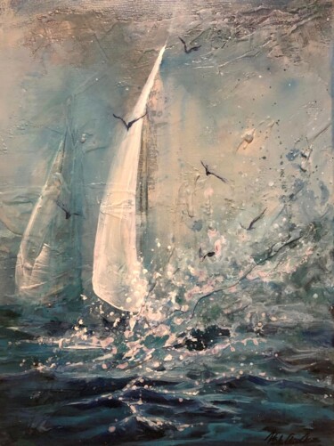 Painting titled "Yacht in the Storm" by Natalia Czarnecka-Diling, Original Artwork, Acrylic
