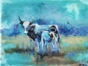 Painting titled "Cow in the nature" by Natalia Czarnecka-Diling, Original Artwork, Acrylic