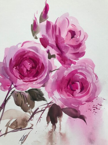 Painting titled "Parfum des roses" by Natalia Dluska, Original Artwork, Watercolor