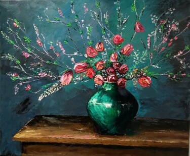 Painting titled "Blumen" by Natalia Fomina, Original Artwork, Oil Mounted on Wood Stretcher frame