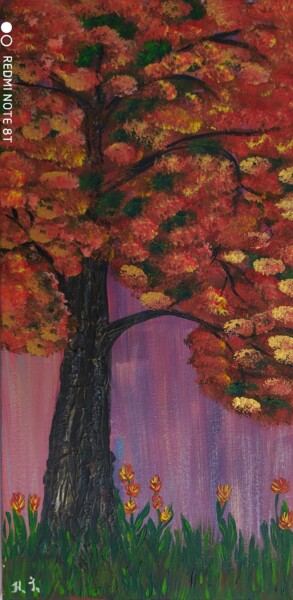 Painting titled "Tree Autumn Дерево…" by Natalia Ivanova, Original Artwork, Acrylic Mounted on Wood Stretcher frame