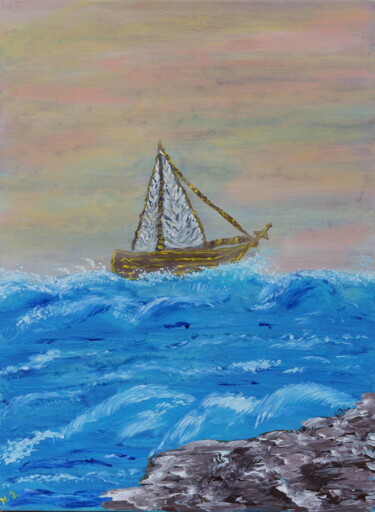 Painting titled "My sail turns white…" by Natalia Ivanova, Original Artwork, Acrylic Mounted on Wood Stretcher frame