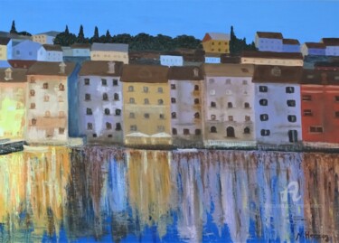 Malerei mit dem Titel "Stadt am Meer" von Natalia Jelusic, Original-Kunstwerk, Öl