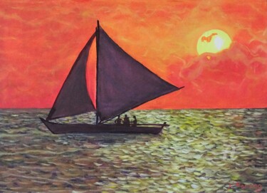 Malerei mit dem Titel "Roter Sonnenunterga…" von Natalia Jelusic, Original-Kunstwerk, Öl
