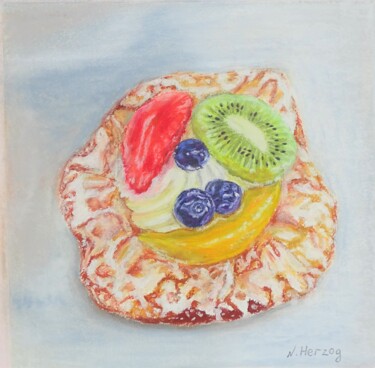 Zeichnungen mit dem Titel "Der Obstkuchen" von Natalia Jelusic, Original-Kunstwerk, Pastell