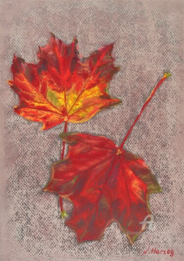 Zeichnungen mit dem Titel "Buntes Herbstlaub" von Natalia Jelusic, Original-Kunstwerk, Pastell