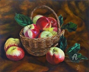 Malerei mit dem Titel ""Korb mit Äpfeln"" von Natalia Jelusic, Original-Kunstwerk, Öl