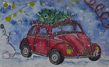 Dessin intitulée "Noël voiture rouge" par Nataliia K (Iurochkina), Œuvre d'art originale, Aquarelle