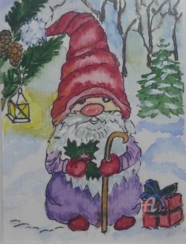 Painting titled "GNOME DE NOËL AVEC…" by Nataliia K (Iurochkina), Original Artwork, Watercolor