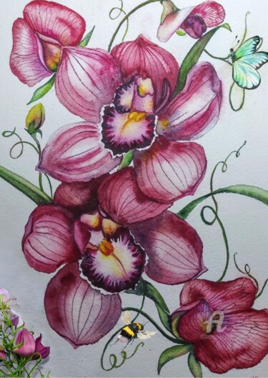Painting titled "Orchidées et pois d…" by Nataliia K (Iurochkina), Original Artwork, Watercolor
