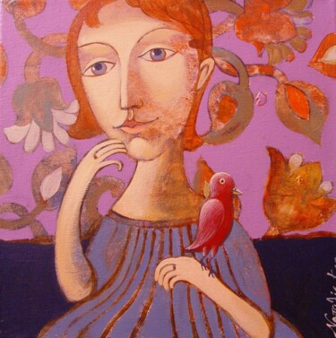 Painting titled "Girl with a bird" by Natalia Kaza, Original Artwork, Acrylic