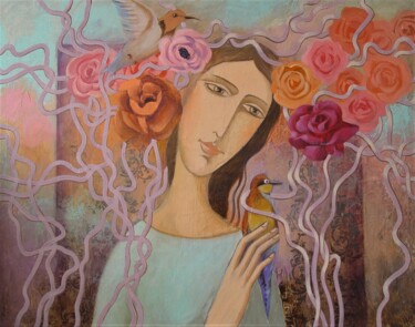 Painting titled "Lady with the birds" by Natalia Kaza, Original Artwork, Acrylic