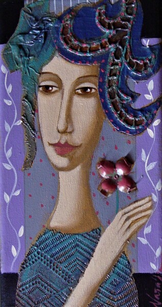 Painting titled "Lady with a pink fl…" by Natalia Kaza, Original Artwork, Acrylic