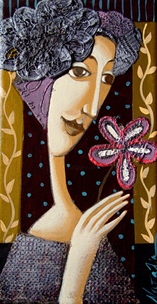 Painting titled "Lady with a flower" by Natalia Kaza, Original Artwork, Acrylic