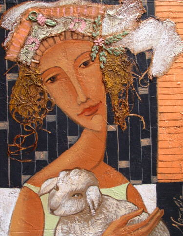 Painting titled "Girl with a lamb" by Natalia Kaza, Original Artwork, Acrylic