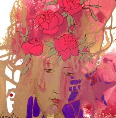Painting titled "Flower Head Woman" by Natalia Kaza, Original Artwork, Acrylic