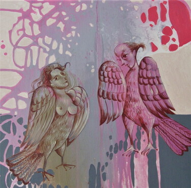 Malerei mit dem Titel "Bird talk" von Natalia Kaza, Original-Kunstwerk, Acryl