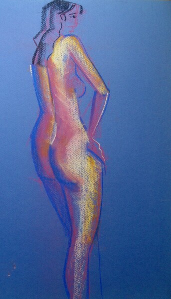 Drawing titled "Nude on blue" by Natalia Kaza, Original Artwork, Pastel