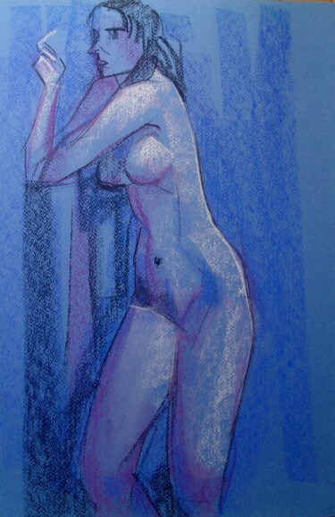 Tekening getiteld "Model on blue" door Natalia Kaza, Origineel Kunstwerk, Pastel