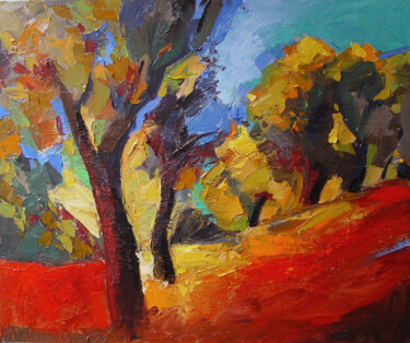 Painting titled "The Autumn Wind" by Natalia Kaza, Original Artwork, Oil Mounted on Wood Stretcher frame