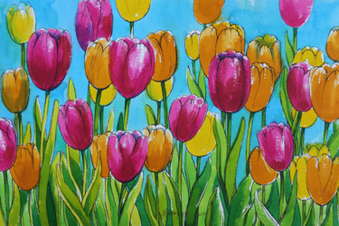 Pittura intitolato "tulipani di colore-1" da Natalia-Khromykh, Opera d'arte originale, Acquarello