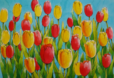 Painting titled "tulipani di colore-3" by Natalia-Khromykh, Original Artwork, Watercolor