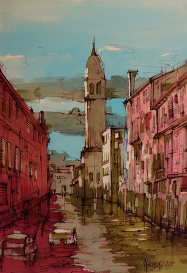 Malerei mit dem Titel "walk across Venice" von Natalia-Khromykh, Original-Kunstwerk, Aquarell