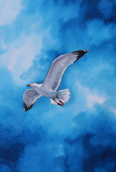 Painting titled "Gabbiano in volo" by Natalia-Khromykh, Original Artwork, Watercolor
