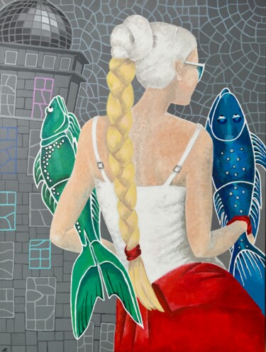 Schilderij getiteld "Urban mermaid" door Natalia Kludt, Origineel Kunstwerk, Acryl Gemonteerd op Frame voor houten brancard